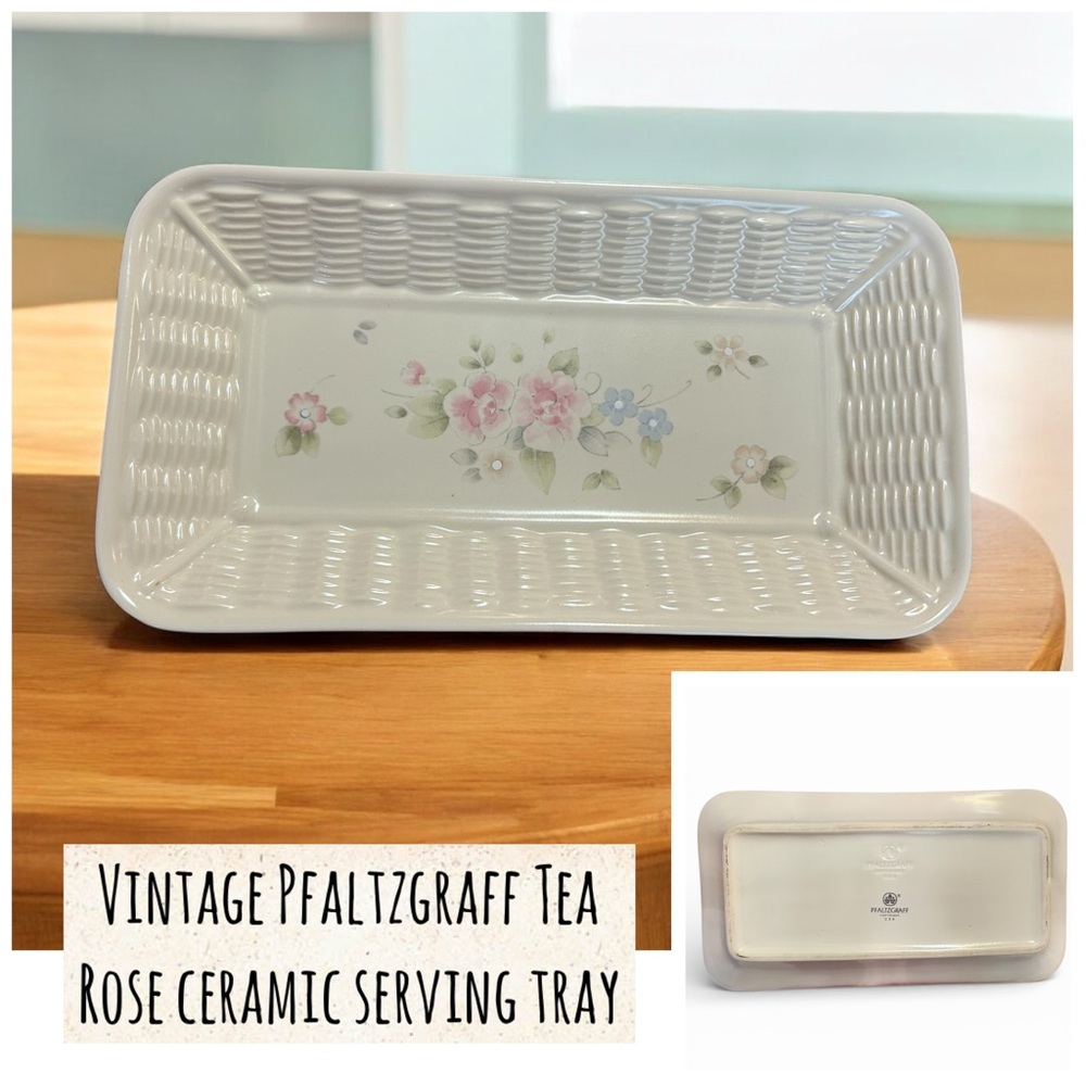 Pfaltzgraff tea rose Ceramic Tray with Floral and basketweave design vintage